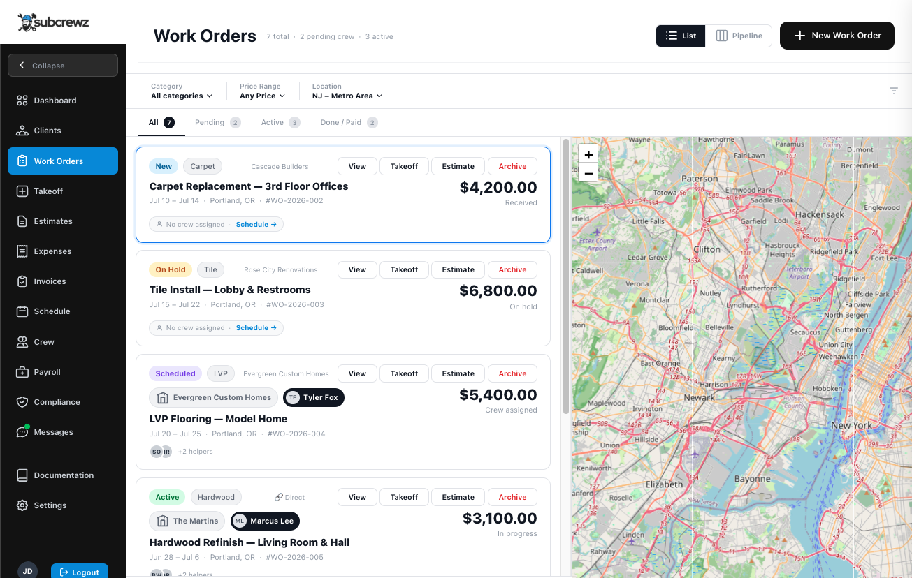 Work Orders list with map